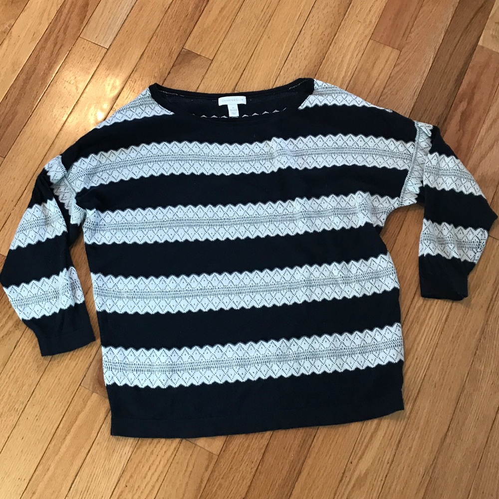 White and Navy Stripe 3/4 Spring Sweater